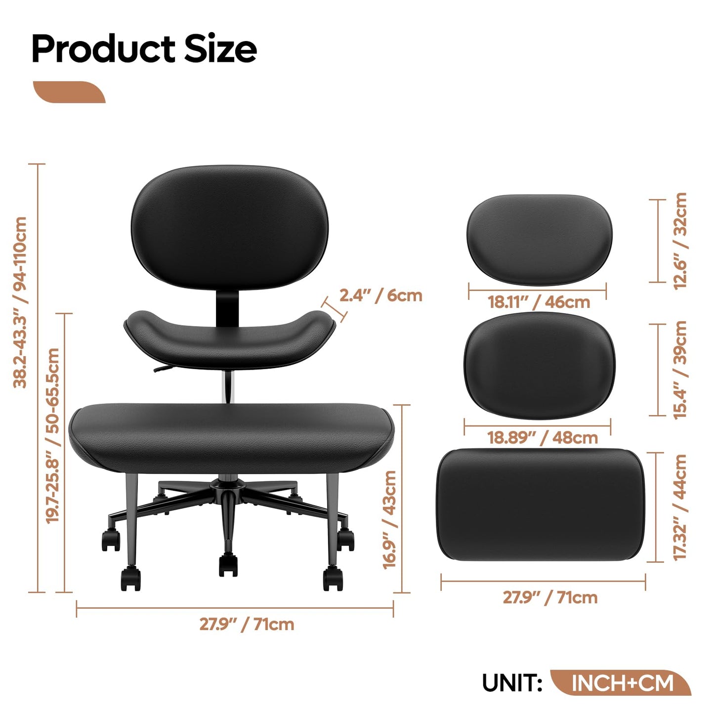 Cross Legged Office Chair with Wheels for ADHD, Ergonomic 360° Swivel Height-Adjustable Meditation Chair for Yoga, Wide Kneeling Chair with Strong Lumbar Support, PU Leather, Black