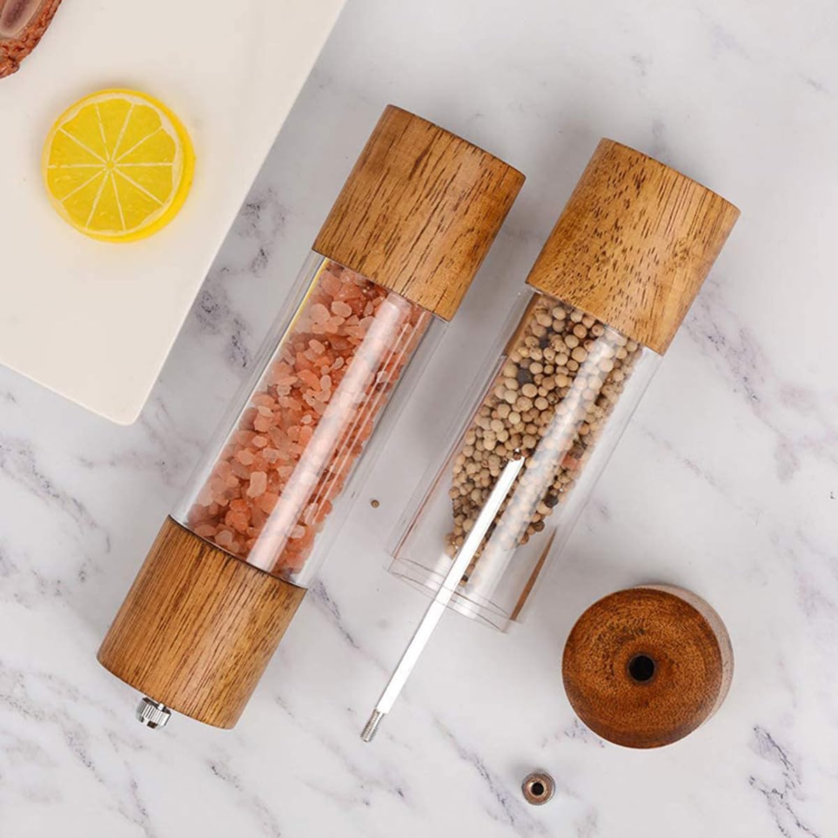 （Pack of 2）Salt and Pepper Grinder Set,Wooden Salt and Pepper Shakers,Adjustable Pepper Grinder and Salt Grinder for Coarse and Fine Grinding,Pepper Mill Grinder-8 Inches (8 Inches)