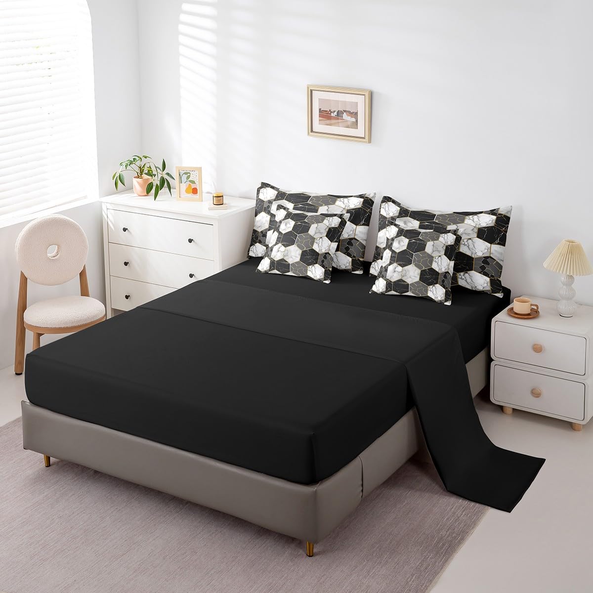 Erosebridal Black Grey Marble 7 Piece Bed in A Bag White Gray Hexagon Honeycomb Comforter Set King for Kids Boys Teen Adults Men Gold Marble Grain Bedding Set Geometric Marbling Art Bed Set