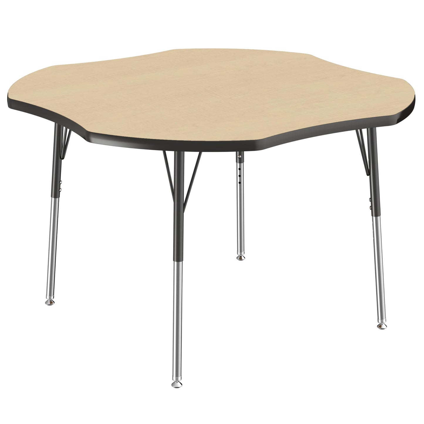 Factory Direct Partners FDP 48" x 48" Clover Thermofused Classroom Activity Table with Standard Swivel Glide Legs, Adjustable Height 19"-30" - Maple/Black - 10130-MPBK