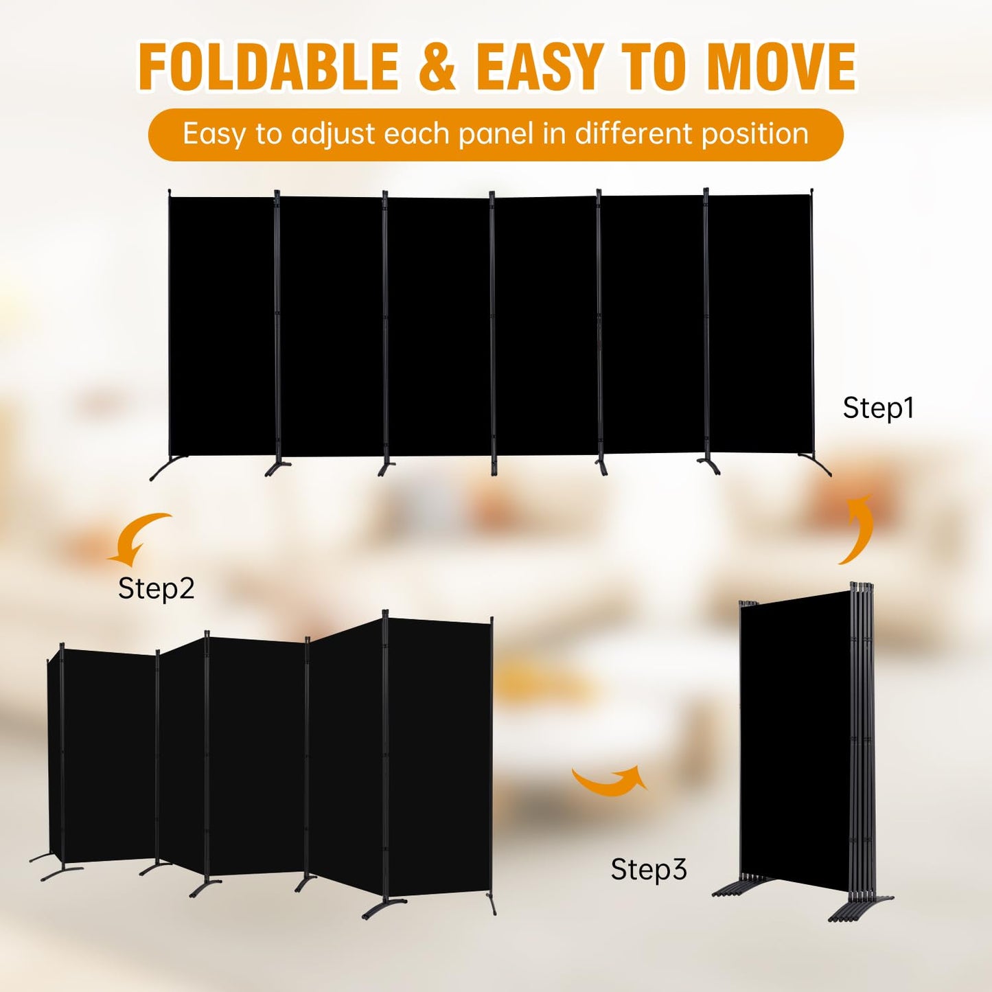 CHOSENM 6 Panel Folding Privacy Screens, 6 FT Tall Wall Divider with Metal Frame, Freestanding Room Divider for Office Bedroom Study (6 Panel, Black)