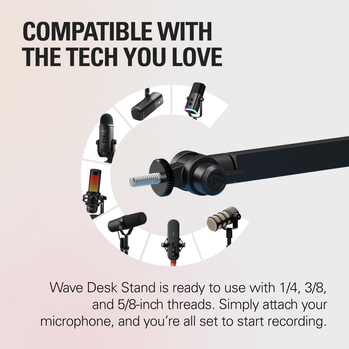 Elgato Wave Desk Stand - Adjustable Mounting Arm for Microphones, Works, HyperX, Rode, Fifine, Shure and More Mics, Compatible 1/4, 3/8 & 5/8 Thread, for Recording/Podcasting/Streaming, Black