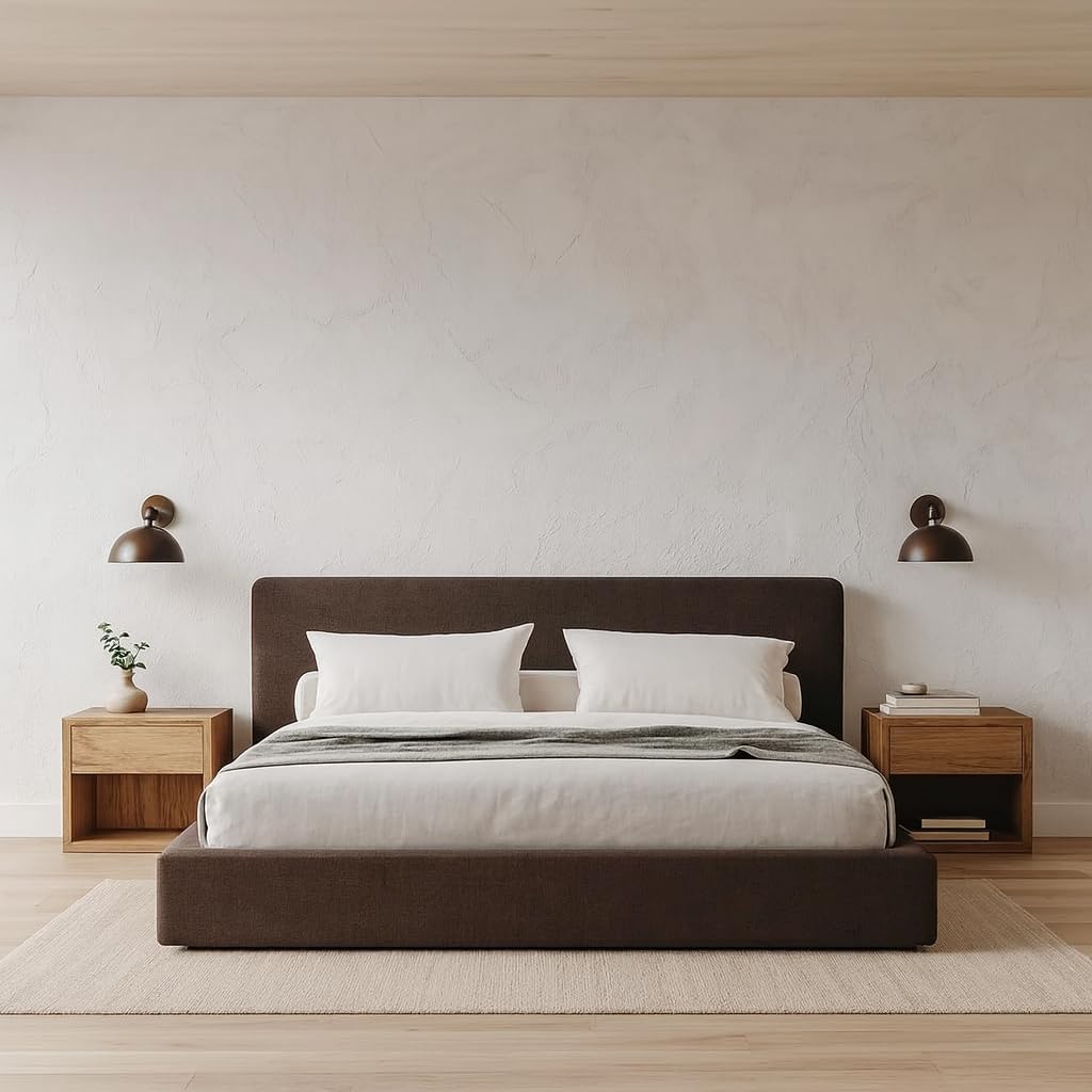 Cloud Frame Square Bed – Washable Cover - Soft Upholstered Linen - Minimalist Modern - Sold Separately (Waterproof Brown Linen, King Headboard)