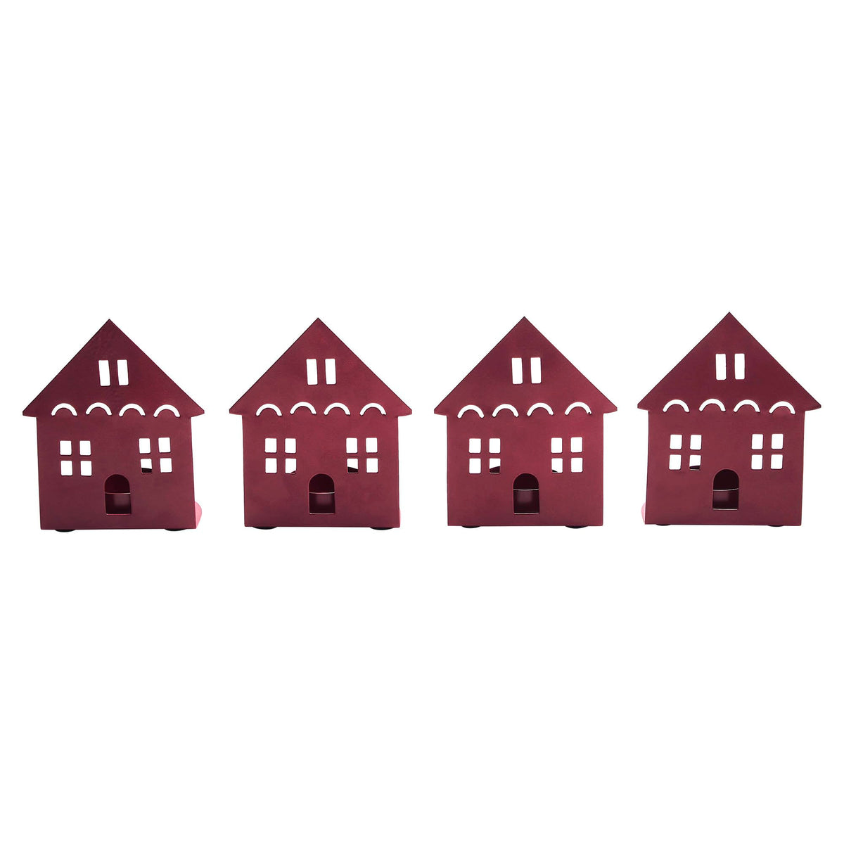 VHC Brands Tealight Holder House Burgundy Set of 4 4.5x3.75x2.25