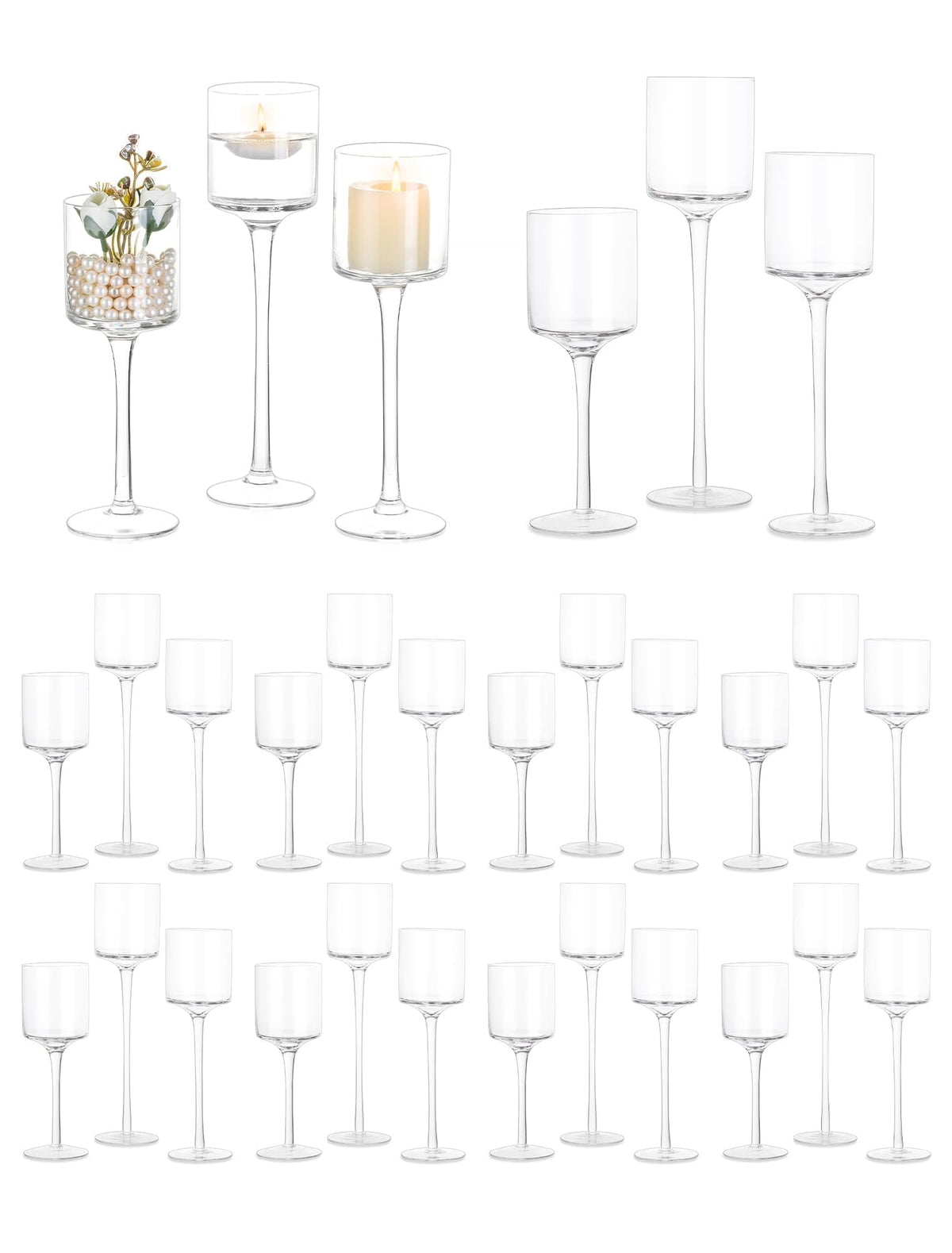 Glass Candle Holder for Table Centerpiece - Tall Tea Lights, Elegant Clear Long Stem for Pillar and Floating Candles - Wedding, Party, Home Decor Set of 30