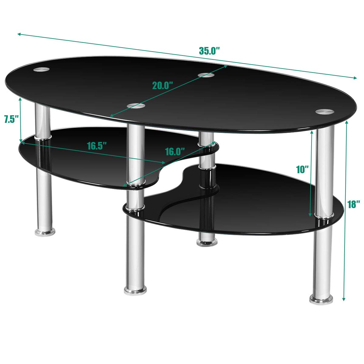 FANTASK Tempered Glass Coffee Table, Oval 3-Tier Steel Tea Table w/Spacious Glass Desk-Top, Open Storage Shelf, Modern End Side Table for Home Living Room Office Reception (Black Glass)