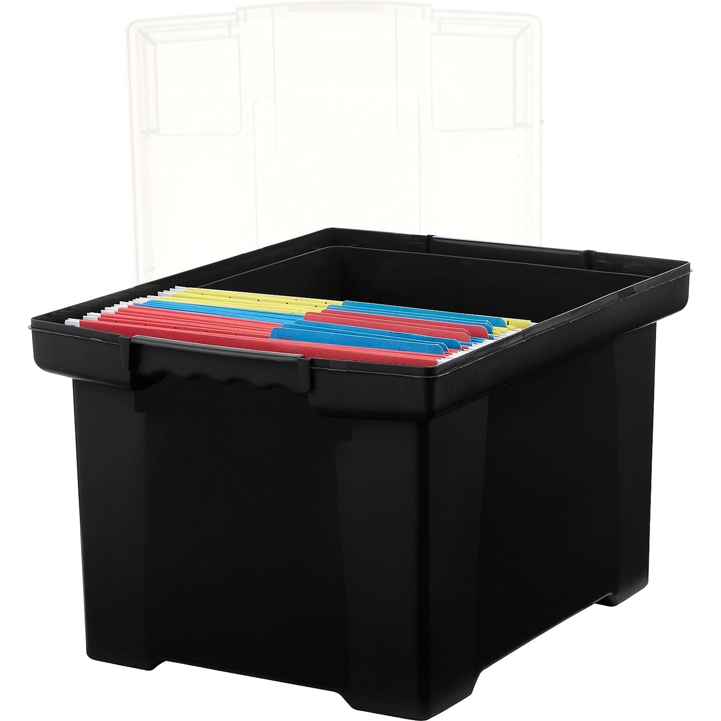Storex Plastic File Tote Storage Box with Snap-On Lid, Letter/Legal Size, Black/Silver (61528U01C)