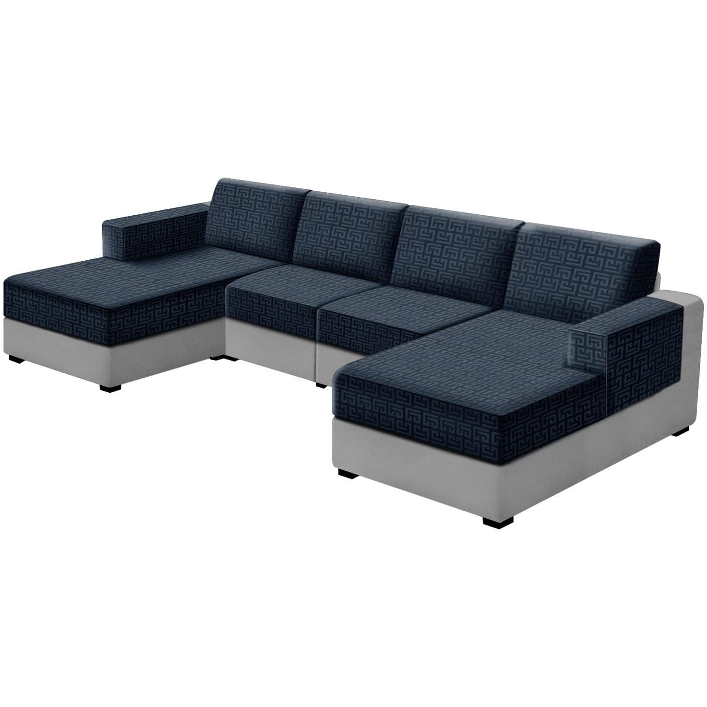 UNBBRRL 10 Pieces Stretch Sofa Cushion Covers for U-Shaped Modular Sectional Couch with 4 Seats+4 Backs+2 Arms, Upholstered Covers for Sofa Bed with Deep Double Chaise (Denim Blue,10 Pieces Set)