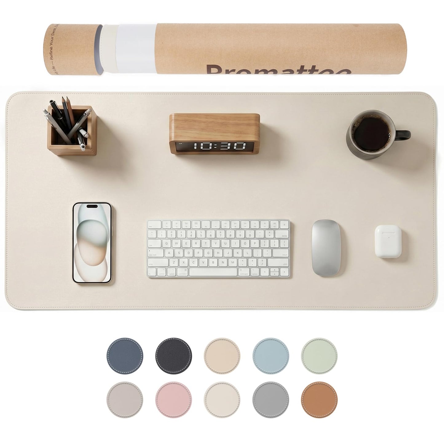 PROMATTOO Large Desk Pad Non-Slip Desk Mat Protector for Keyboard Mouse Waterproof Vegan Leather Surface Faux Leather Laptop Mat Smooth Mouse Pad Premium Gift Tube Creamy White 31.5" x 15.7"