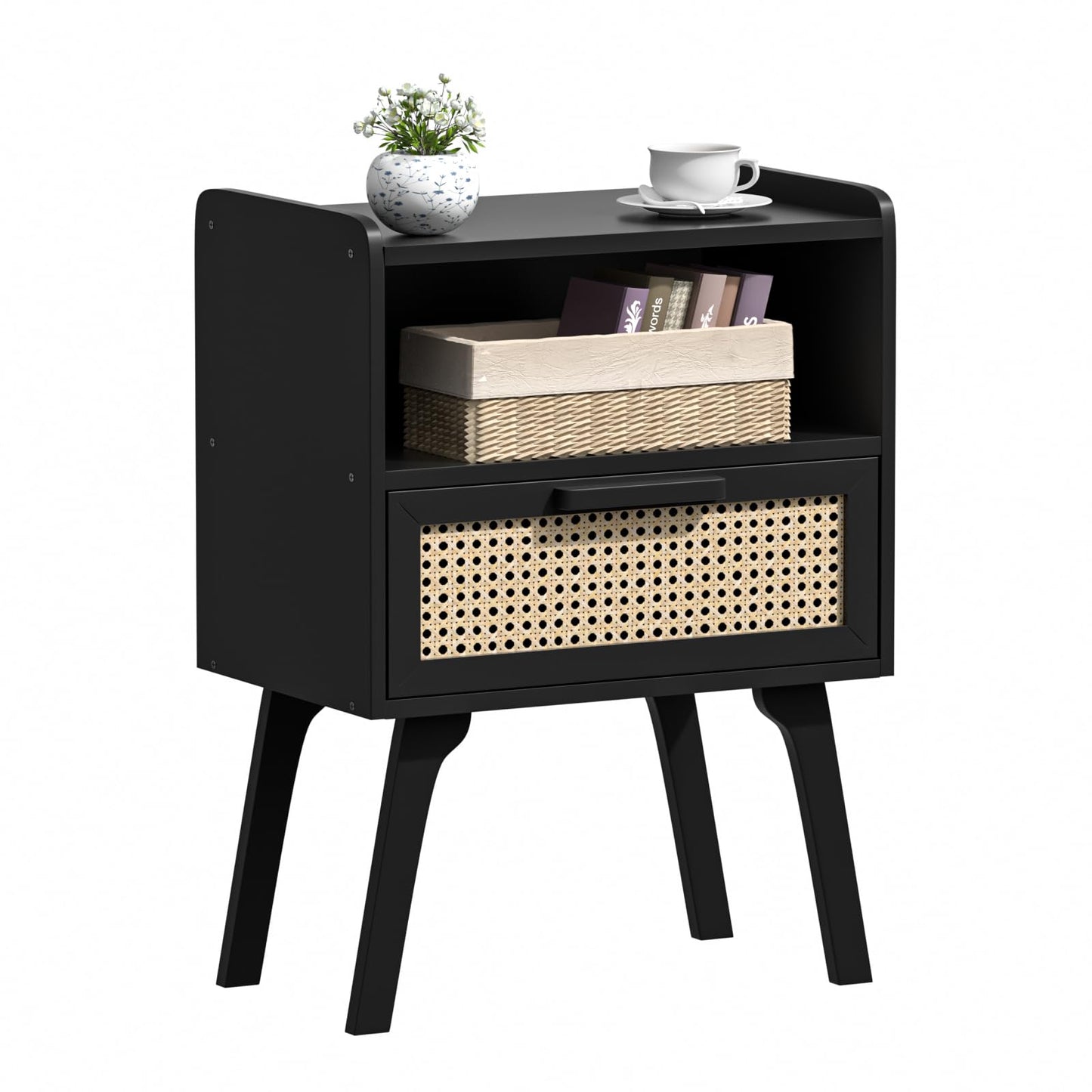 Lerliuo Rattan Nightstand, Bedside Table with Drawer Open Shelf, Cane Accent Side End Table with Solid Wood Legs, Black Mid Century Night Stand for Bedroom, Dorm and Small Spaces