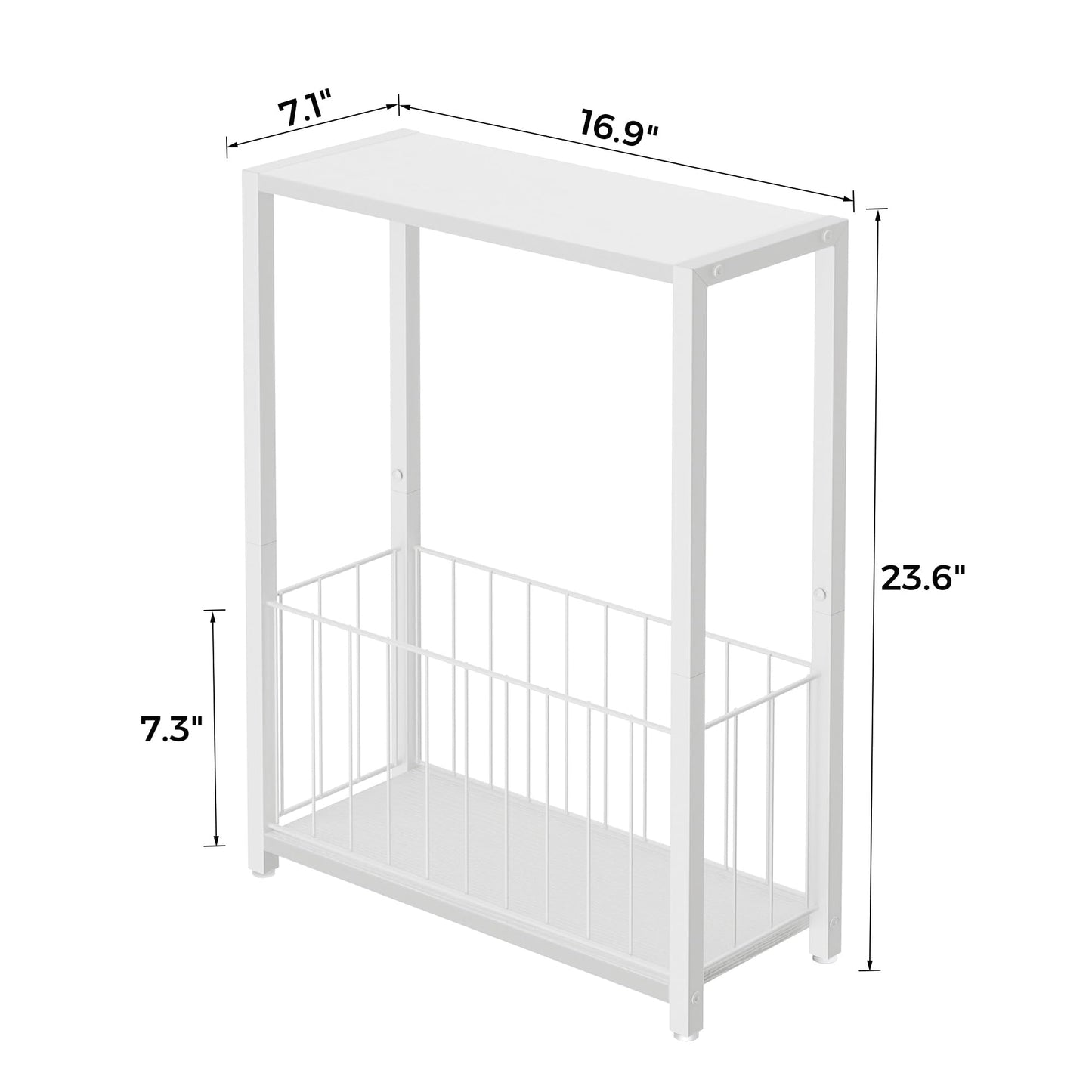 Homleke Narrow Side Table with Magazine Holder, Skinny End Table Perfect for Small Spaces, Space-Saving Design for Living Room, Bedroom, or Office, 7.1" D x 16.9" W x 23.6" H, White