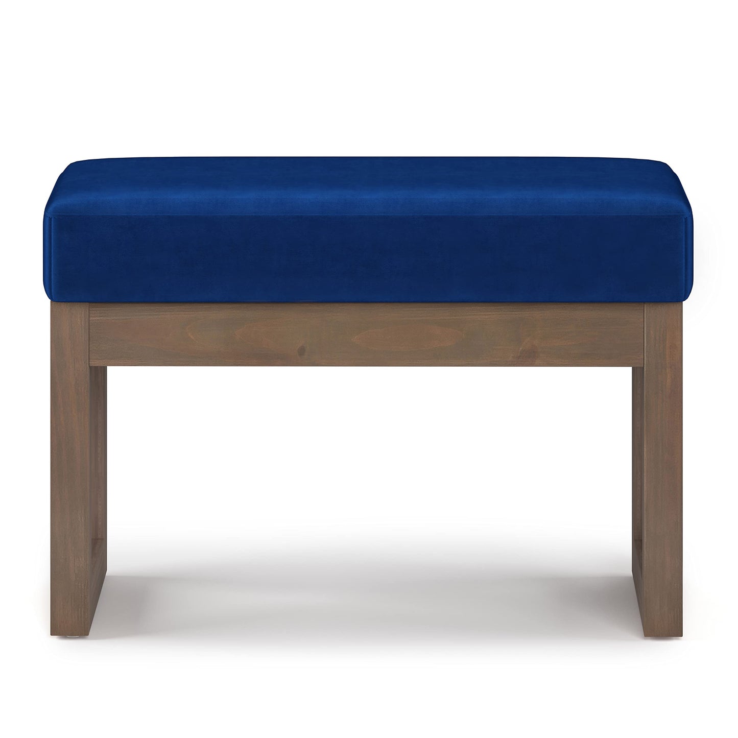 SIMPLIHOME Milltown Small Ottoman Bench - 27" Wide x 18" High Upholstered Velvet Fabric Rectangle Footstool Ottoman in Blue, Contemporary Bench for Bedroom with Cushioned Seat, Assembled