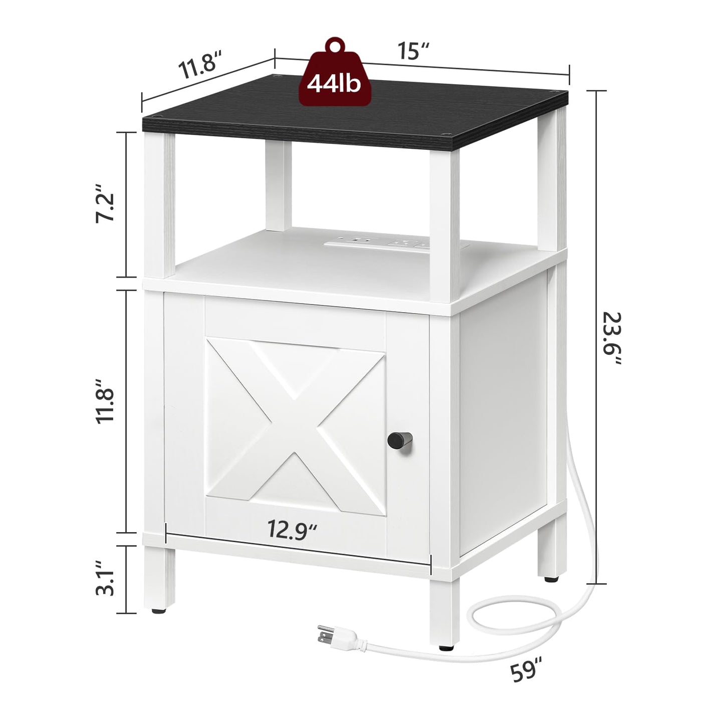MAHANCRIS Farmhouse Nightstand with Charging Station, Barn Door End Table with USB Ports and Storage Cabinet, Bedside Table for Bedroom, Small Space, White and Black ETBW96E01