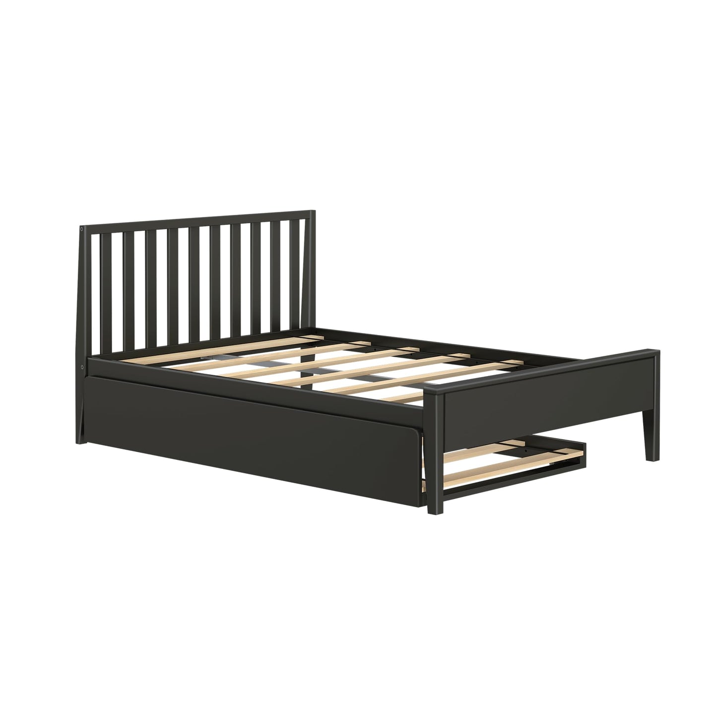 Max & Lily Scandinavian Panel Bed (Full), Slatted Headboard, with Trundle, Black