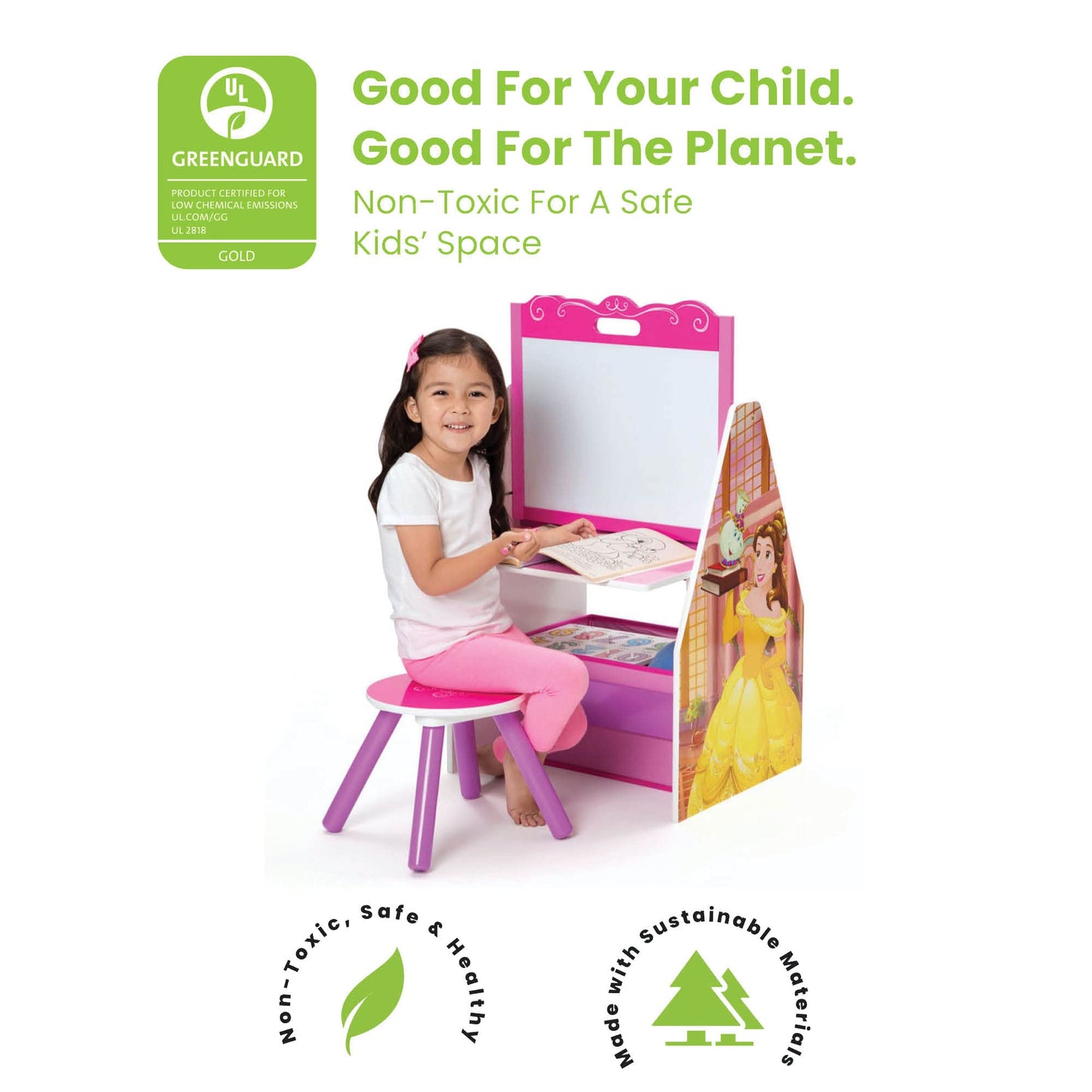 Delta Children Activity Center with Easel Desk, Stool and Toy Organizer, Disney Princess