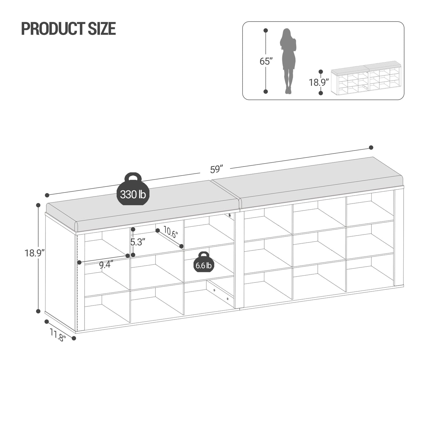Hzuaneri Shoe Storage Bench with Cushion, Entryway Storage Bench with 18 Cubbies, 9.5" Widened Organizer Cabinet, Long Cubby Rack for Living Room, Bedroom, Entryway, White SB25703GY