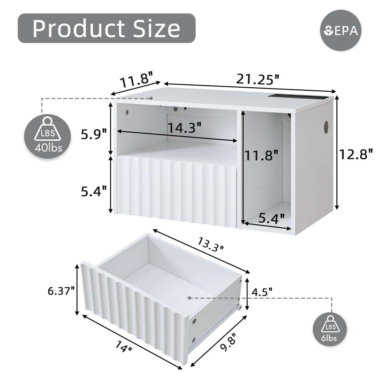 BuildHom Modern Matte White Fluted Floating Nightstand with Charging Station, NightStand with Drawers, Bedside with USB Ports and Outlets, Bedroom Furniture (Right)