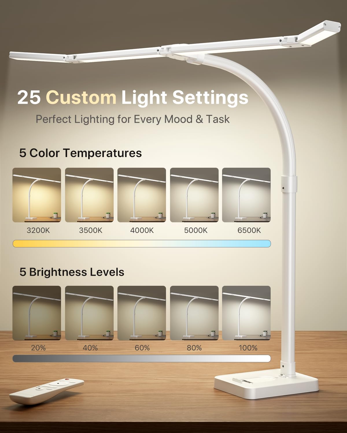 ONEMIX 42" LED Desk Lamp for Home Office, Eye-Caring Desk Light with Adjustable 4-Segment Bar, 1800LM Bright, Remote, Architect Table Lamp with Base for Dual Monitors, Reading, Study, Workbench(White)