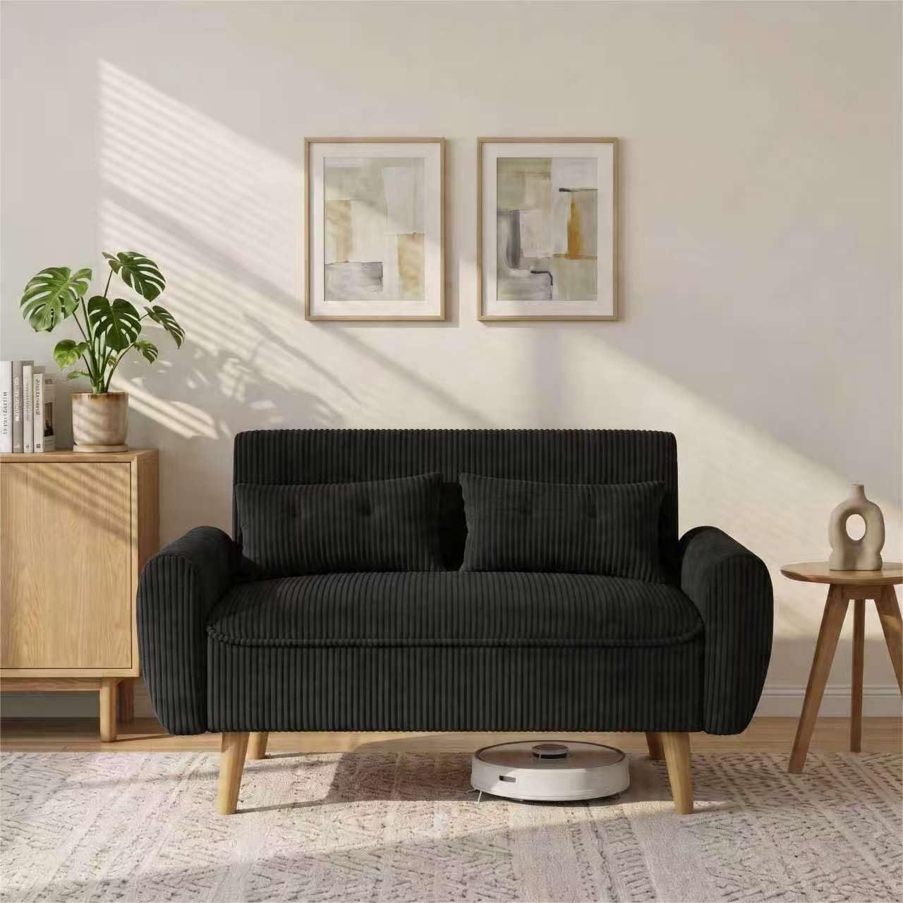 Shintenchi 48'' Loveseat Sofa, Mid-Century Modern Upholstered Couch Deep Seat with 2 Pillows, 10" Thick Cushion with Spring, Solid Wood Frame Small Couch for Living Room, Dorms & Office, Black