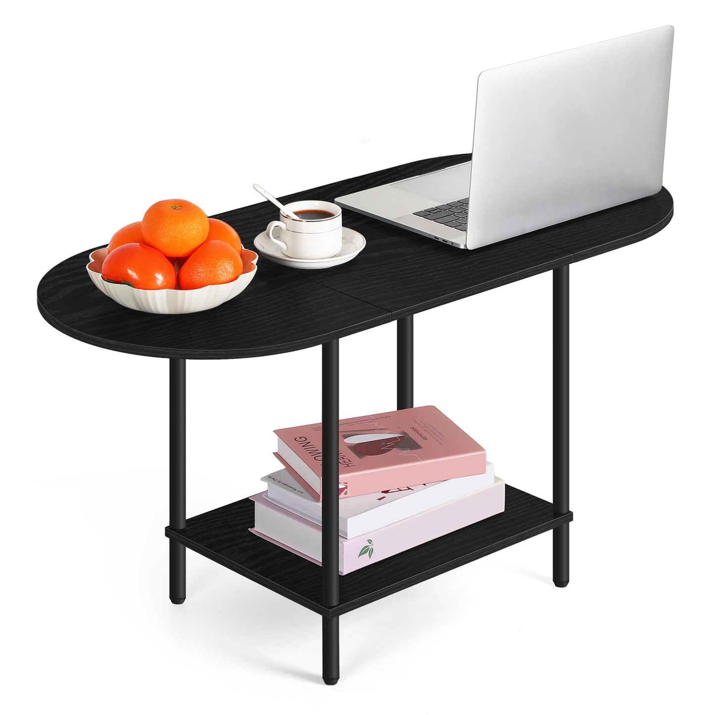 OYEAL Black Coffee Table for Living Room, 2-Tier Small Oval Center Table, Mid Century Farmhouse Round Tea Table with Storage Shelf for Small Space, Home Office, Living Room