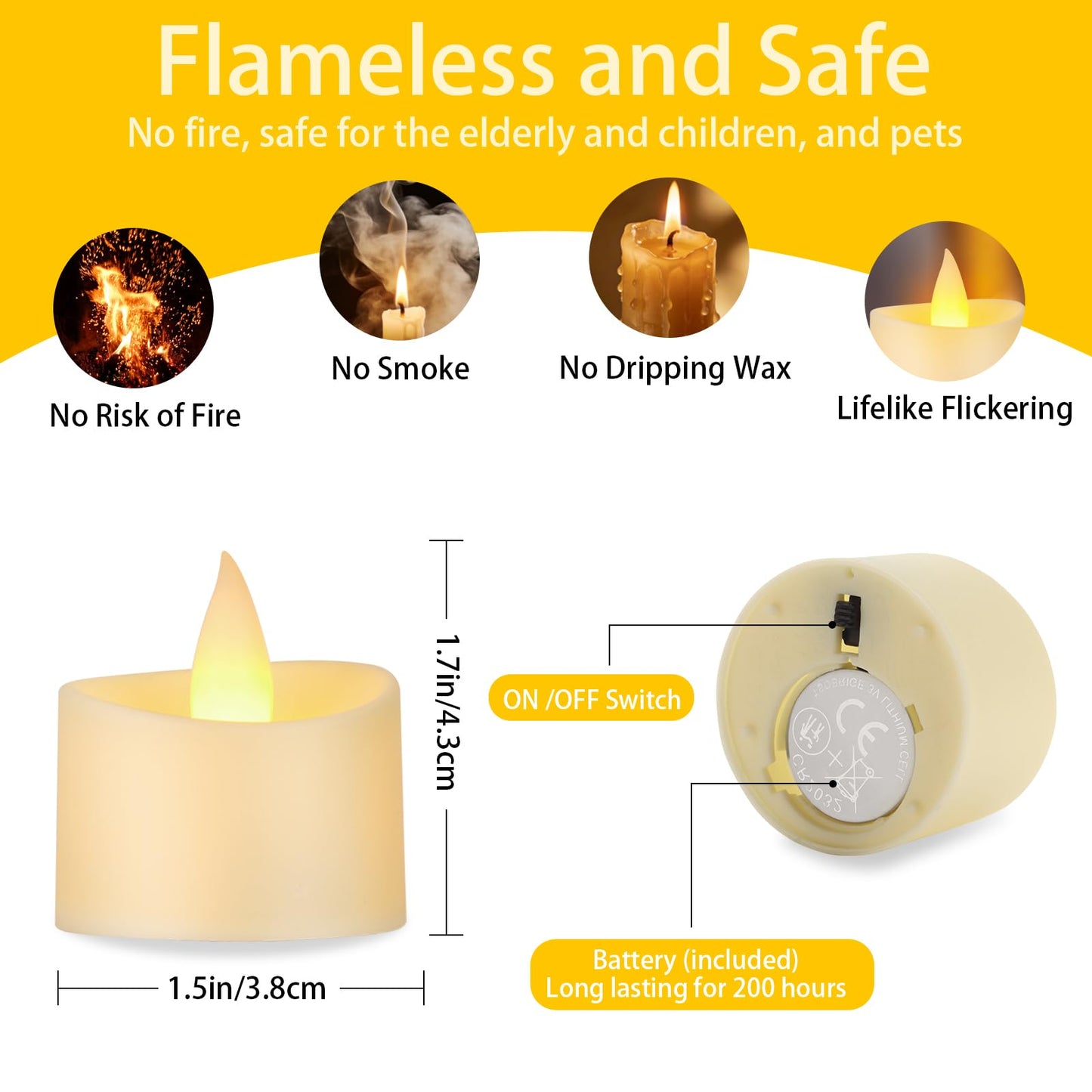 Dual-Flame Flickering Flameless LED Tealight Candles, Ivory 50 Pack Battery Operated Tea Lights with Warm Yellow Glow, 200+ Hour Long-Lasting Fake Candles for Home Wedding Votive Decor