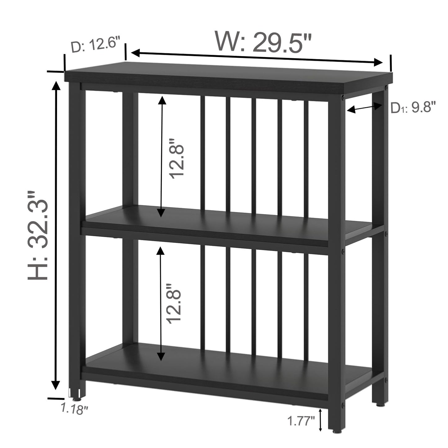 FOLUBAN Bookshelf, Modern 3 Tier Bookcase, Wood and Metal Book Shelves for Living Room Office Bedroom, Rustic Black Oak