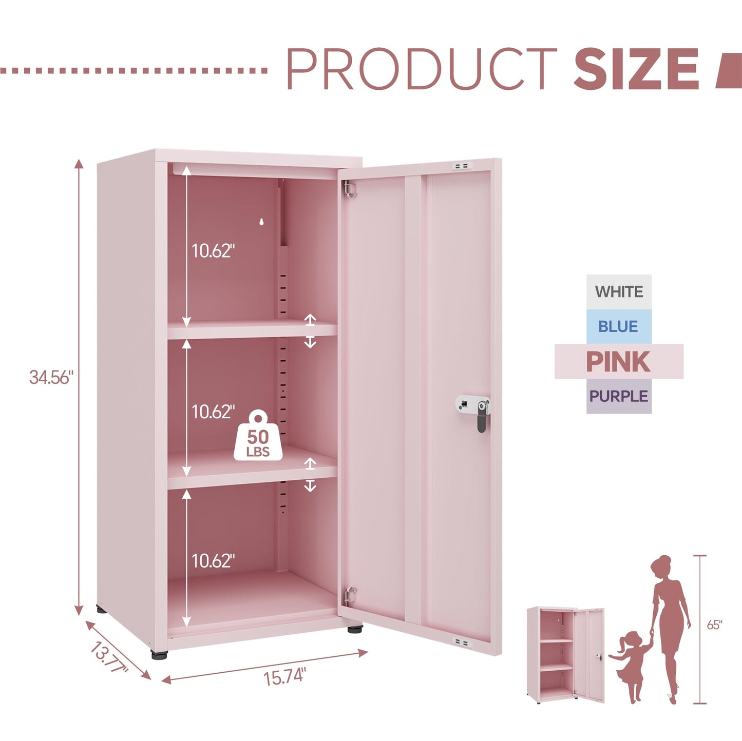 MIOCASA Metal Storage Cabinet with Lock, 3 Adjustable Shelves Single Door Steel Locker for Home, Office & Garage (Pink)