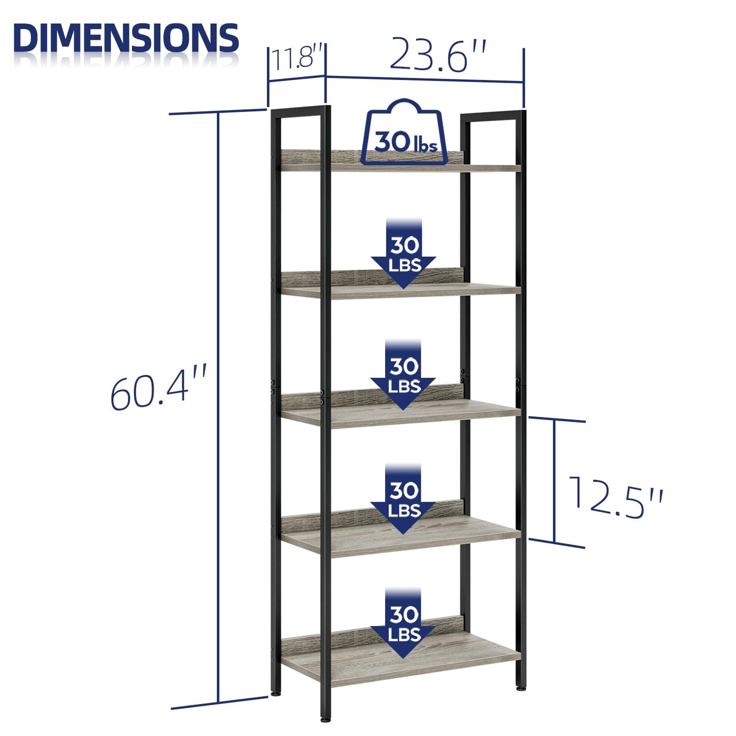 NUMENN Bookshelf, 5 Tier Bookshelves, Home Office Bookcase Shelf Storage Organizer, Free Standing Storage Shelving Unit for Bedroom, Living Room and Home Office, Grey
