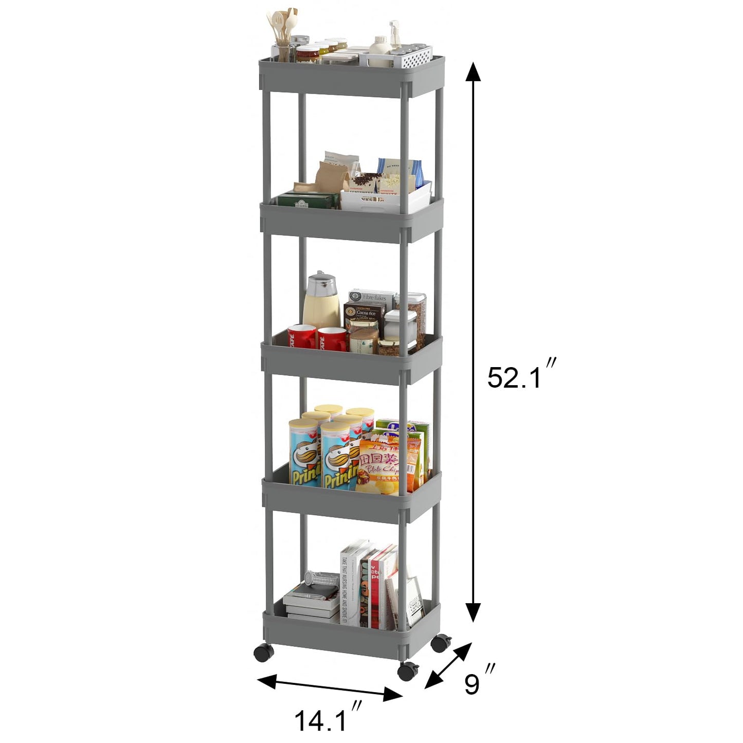 Sooyee 5-Tier Plastic Rolling Utility Cart with Wheels, Multi-Functional Storage Trolley for Office, Living Room, Kitchen, Movable Storage Organizer with Wheels,Grey