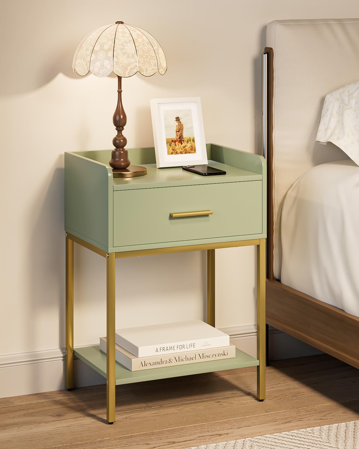 Apetaccat Nightstand,Modern Bedside Table Night Stand with Storage Drawer and Open Shelf,Small End Side Table for Bedroom,Living Room,Green