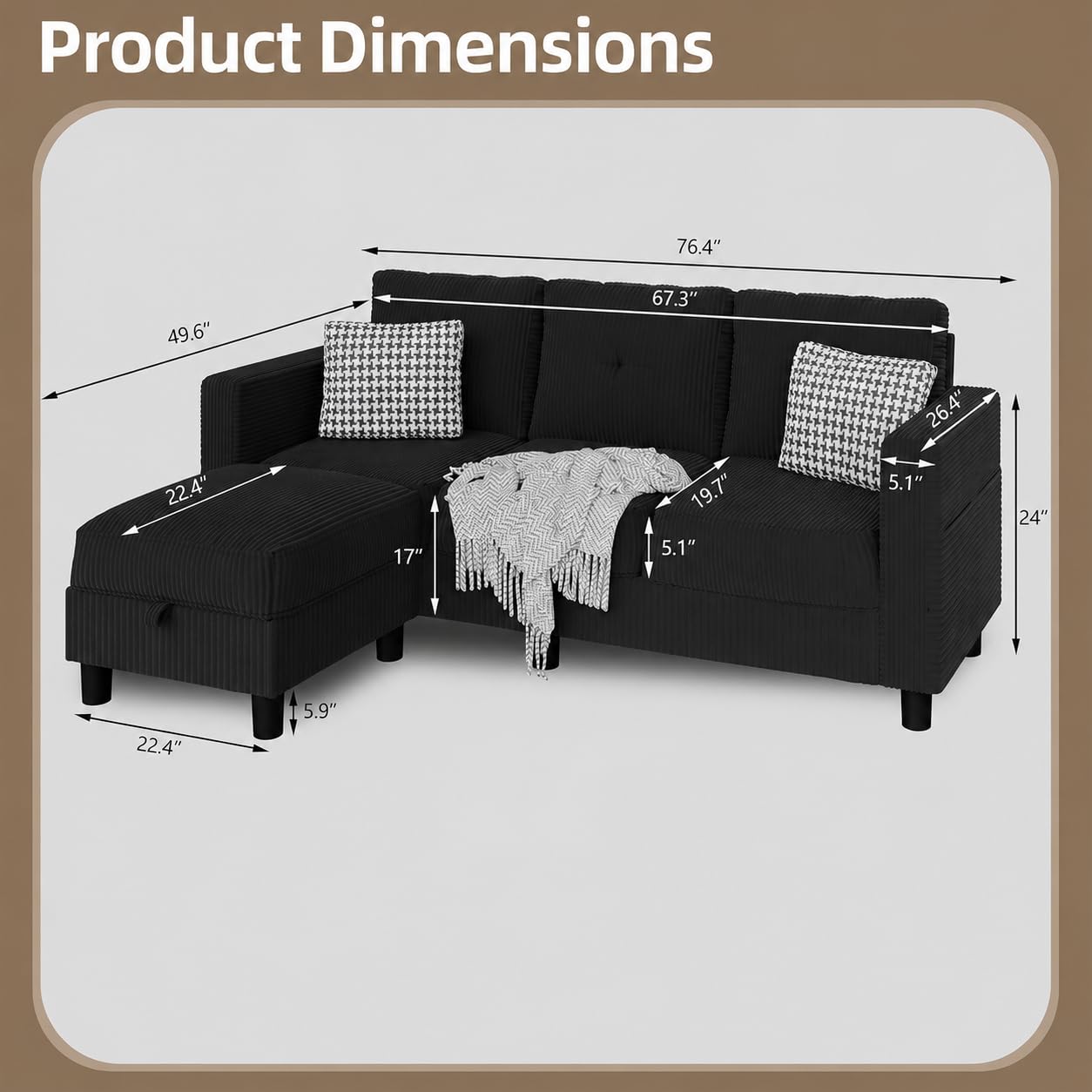 Convertible Sectional Sofa with Storage Ottoman, 77” L-Shaped 3-Seat Couch with Skin-Friendly Corduroy Fabric, Reversible Small Sectional for Small Space, Apartment, Living Room and Office(Black)