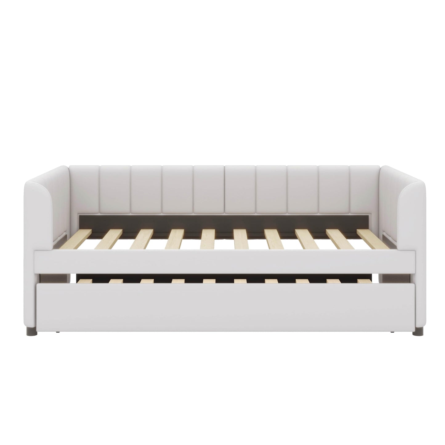 YunNianYang Twin Size Upholstered Daybed Frame with Ergonomic Design Backrest and Trundle (Beige)