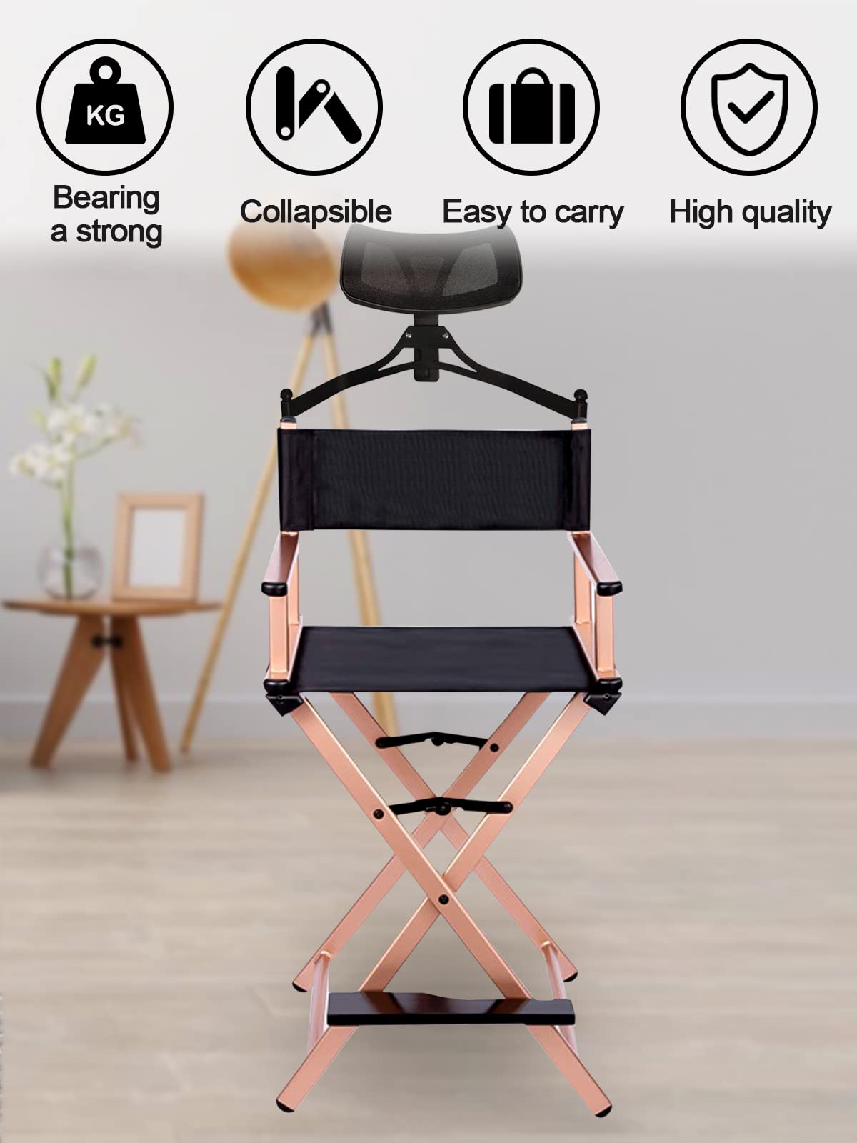 Lorvain Folable Makeup Artist Stool Chair, Protable Tall Folding Directors Chair, Aluminum Makeup Chair with Head Rest for Studio Salon Vanity, Bar Height - Gold Chairs