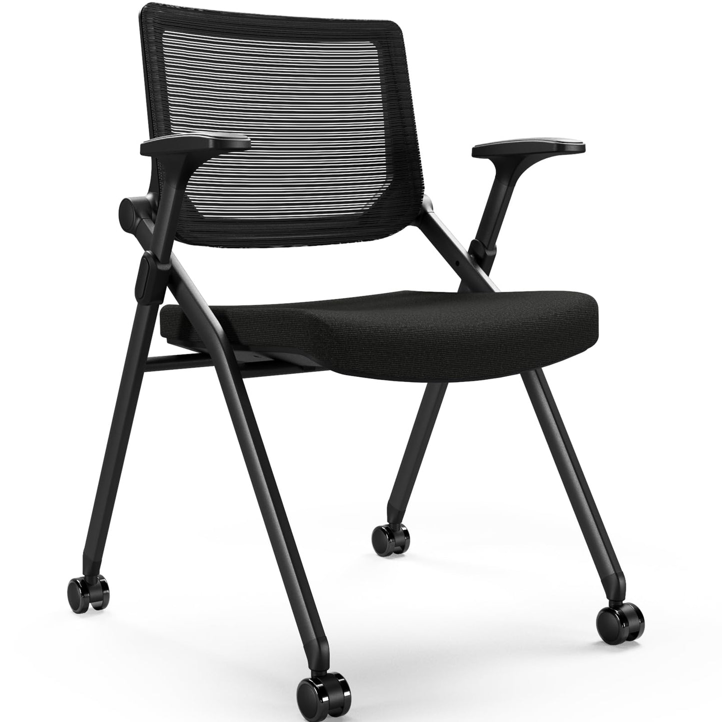 FYLICA Foldable Office Chair with PU Wheels and Smooth Armrest-Ergonomic Mesh Bouncing Back, Stackable Conference Room Chair, Office Guest & Reception & Meeting Chair (Black)