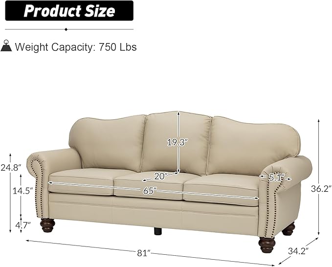 81" Genuine Leather Sofa, Classic 3-Seater Couchs