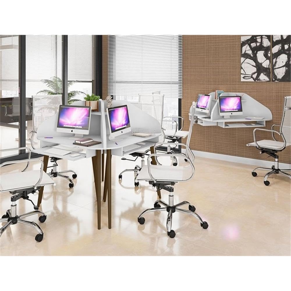 Manhattan Comfort Bradley Mid Century Modern Home Office Cubicle Section Study Desk, 2 Piece, White