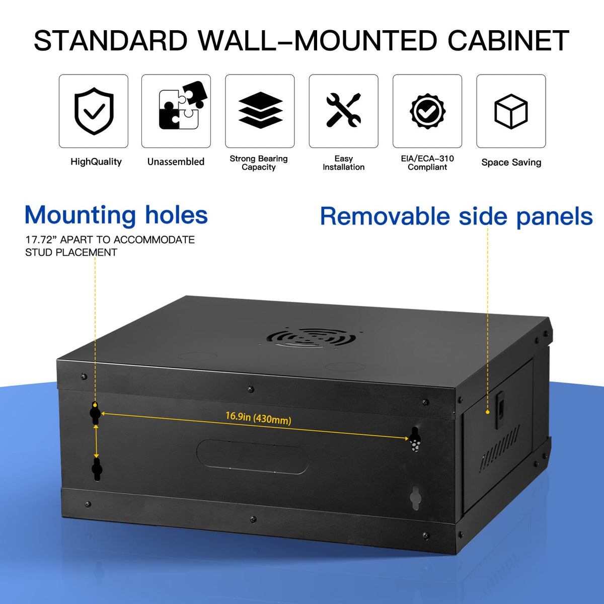 Server Rack Enclosure with Glass Door Black, Locks, & Removable Side Panels - Wall Mount IT Network Cabinet 19 Inch Rack 17.7 Inches Deep, 4U