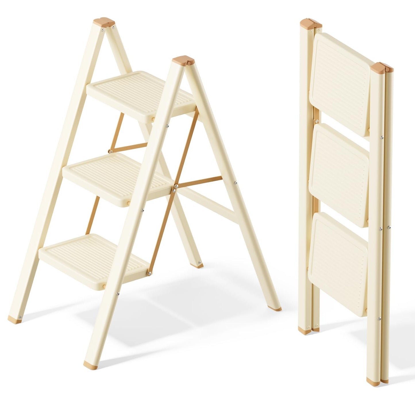 SOLADDER 3 Step Ladder, Anti-Slip and Lightweight Foldable Step Stool for Adults to Use in Kitchen, Closet and Library, 300lbs(Cream Chocalate)