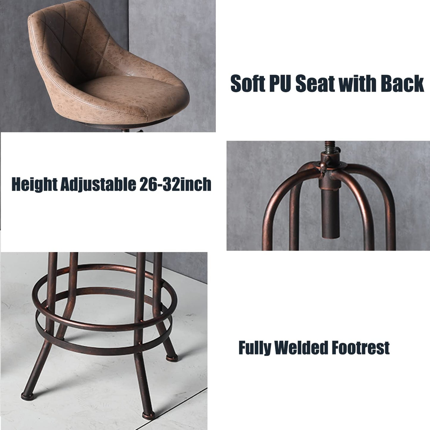 26-32inch Height Adjustable PU Faux Leather Counter Bar Height Stools with Backrest Industrial Pub Chairs for Dinning Room Kitchen Office Coffee House