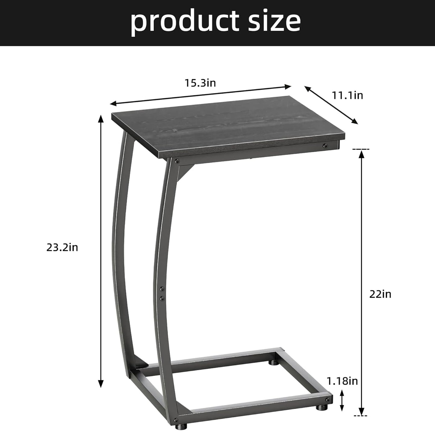 LAKEMID C Shaped End Table Set of 2,Side Table for Couch,Curved Support Legs, Slide Under Couch Table for Sofa, TV Tray Table for Living Room Bedroom(Black)