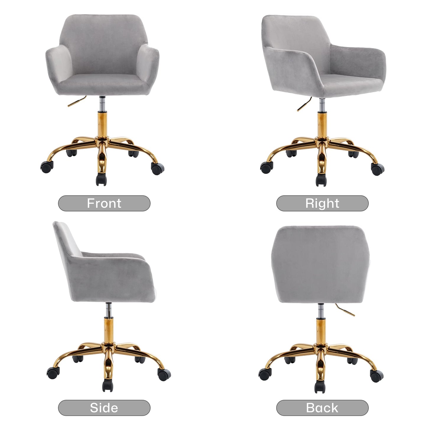 KCC Velvet Office Desk Chair, Comfy Swivel Modern Leisure Armchair with Wheels, Upholstered Comfy Velvet Fabric Makeup Chair Height Adjustable for Teens Women Girls Elegant Home Office, Gray