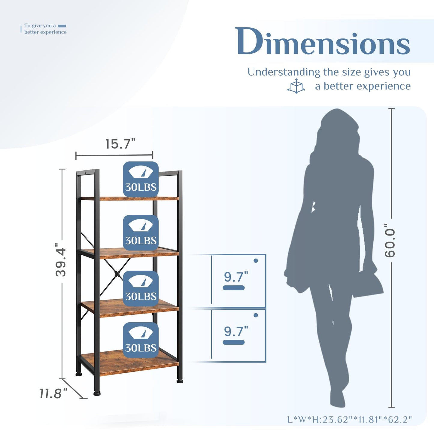 DUMOS 4-Tier Bookshelf, Modern Tall Bookcase, Open Storage Display Shelf for Living Room, Bedroom, Home Office, Narrow Standing Shelving Unit for Books, CDs, Décor，Brown