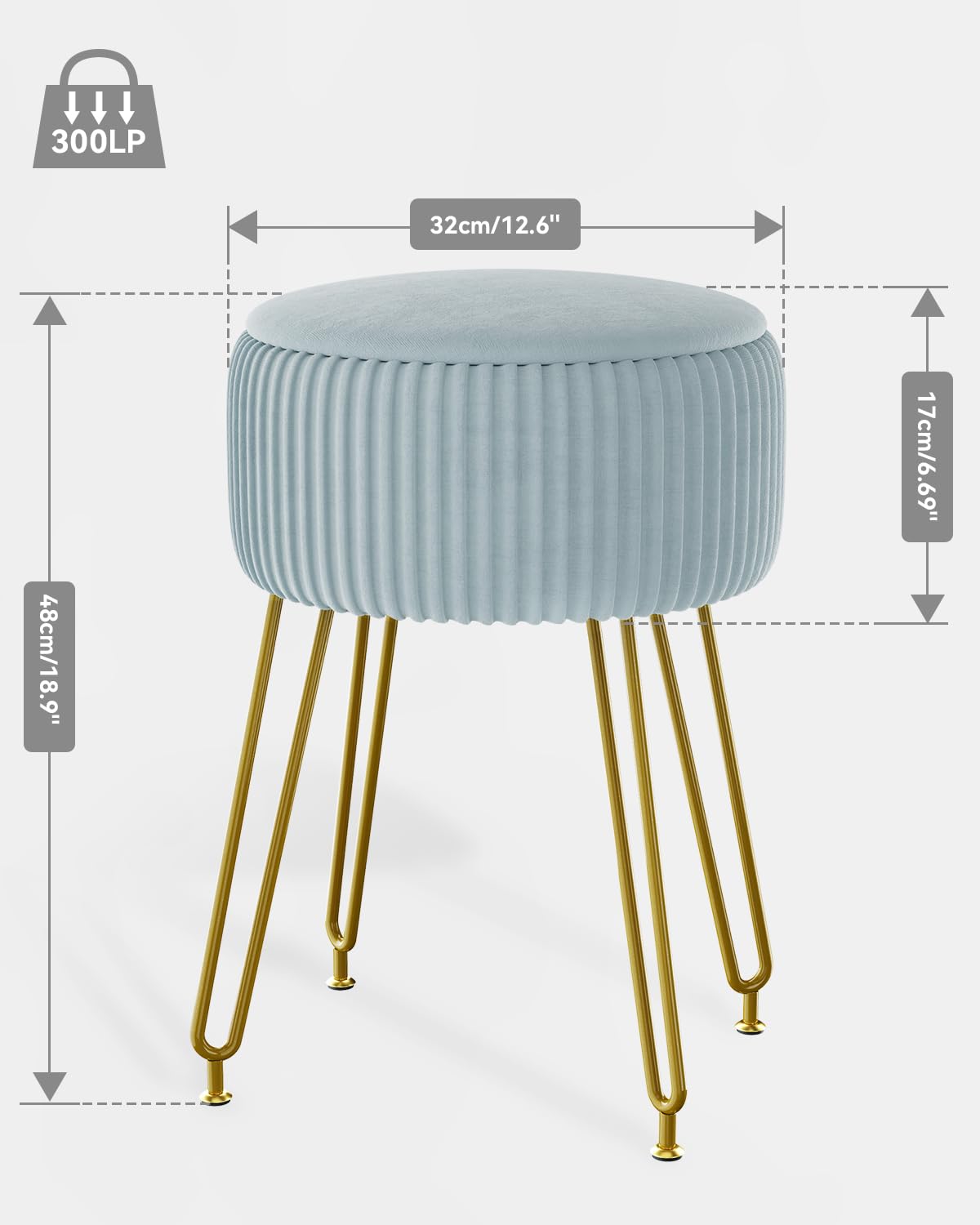 IBUYKE Velvet Storage Footrest Stool Ottoman, Makeup Vanity Stool Side Table with Golden Steel Legs Removable Cover, Coffee Table Top Cover, Blue LG-20H
