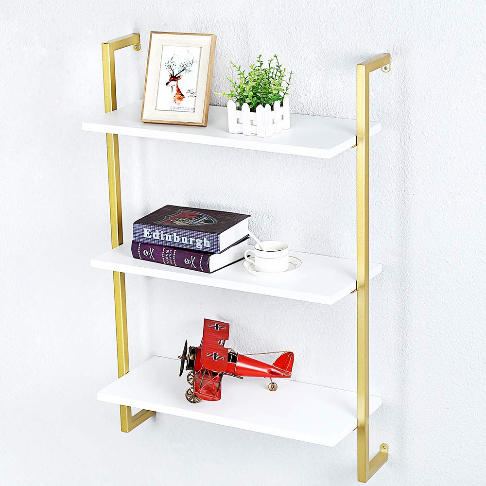 OLDRAINBOW Industrial Metal Wall Shelf,Floating Shelves Wall Mounted,24in Real Wood Book Shelves,3 Tier Hanging Wall Shelves for Bedrooms Office