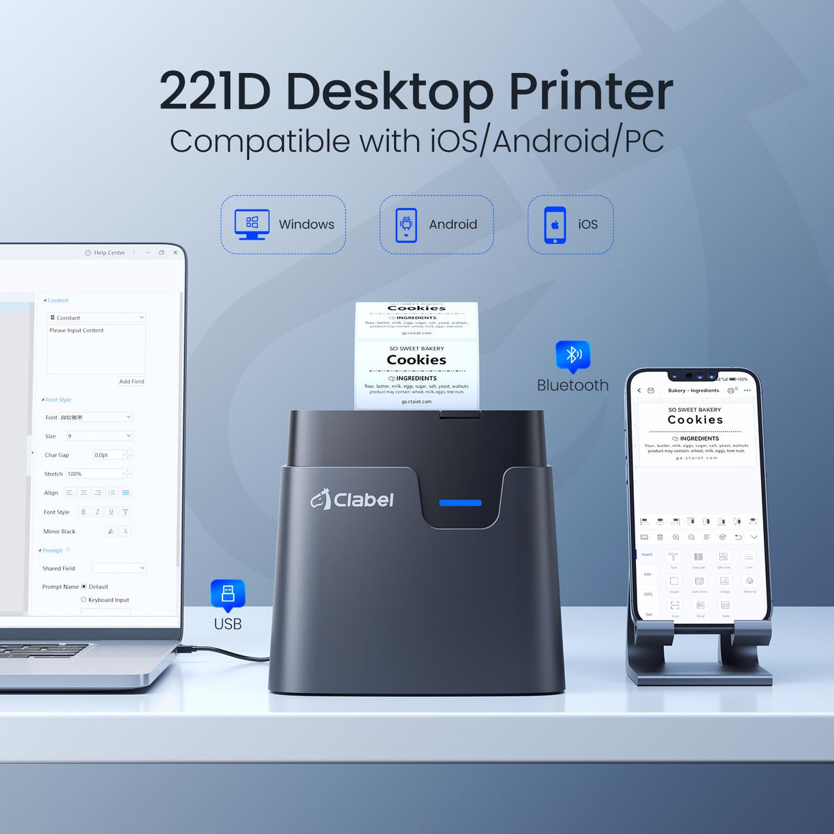 CLABEL Desk Bluetooth Barcode Label Printer: 221D Label Maker with Direct Thermal Printing, 2 Inch Print Width for Barcodes Address Office Warehouse with 1 Roll Label