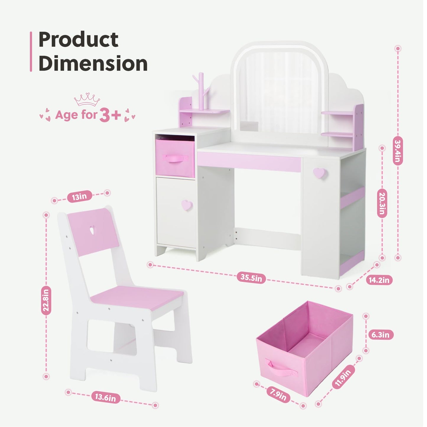 Frogprin Kids Vanity with Lights and Chair, Princess Makeup Vanity Desk with Mirror Bookshelf Storage Cabinet,3 in 1 Toddler Vanity Table Makeup Dressing Table, Pretend Play Vanity Set for Little Girl