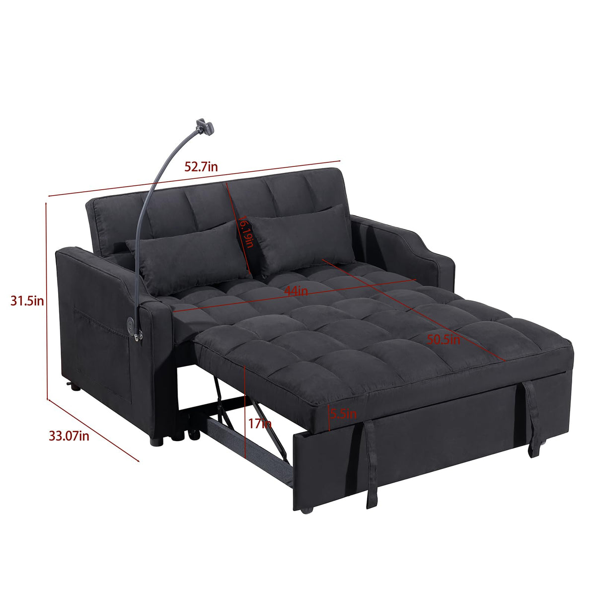 KEIKI 53" 3-in-1 Multifunctional Sofa Bed with Adjustable Backrest, Foldable Futon Couch with USB Port & Swivel Phone Holder, Compact Loveseat Sleeper Sofa for Guest Room Home Office & Bedroom