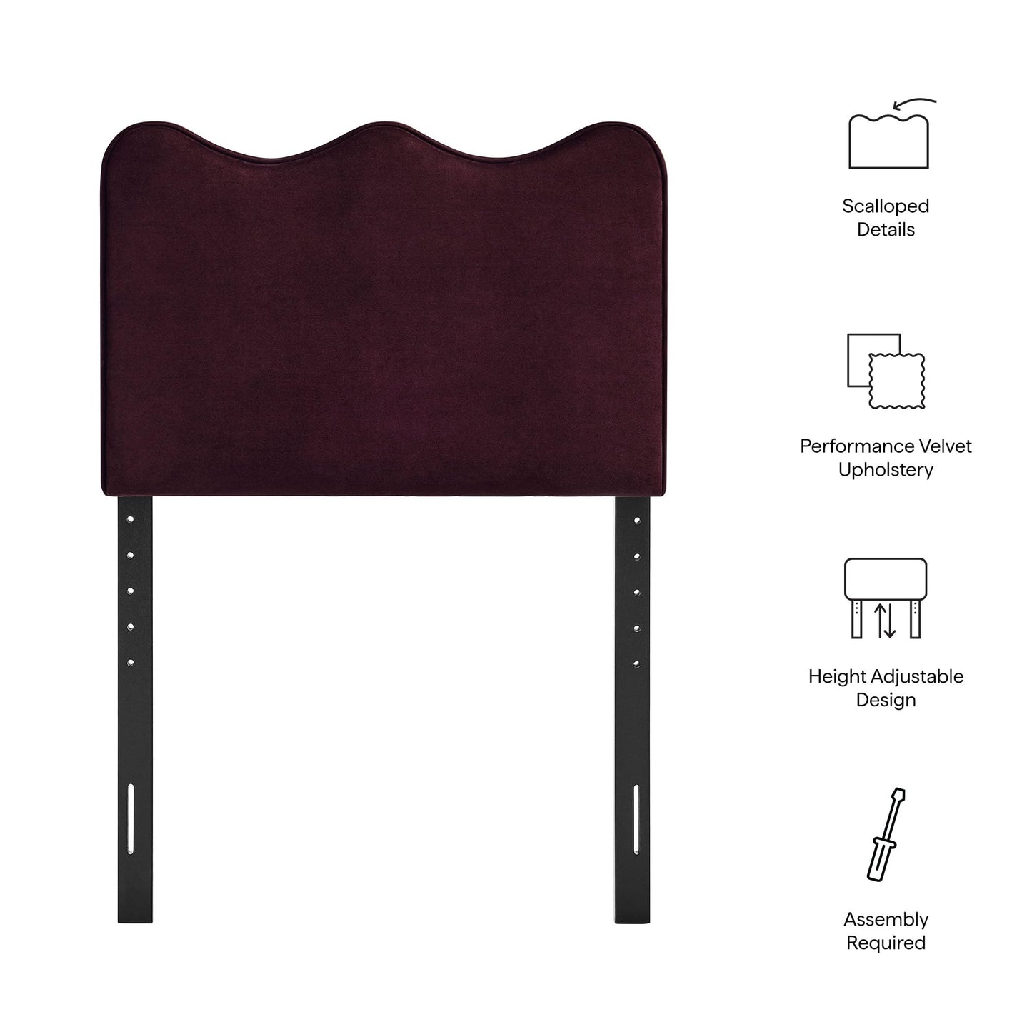 Monday Athena Twin Size Performance Velvet Adjustable Headboard in Mulberry - with Scalloped Wave Design and Stain-Resistant Velvet Upholstery