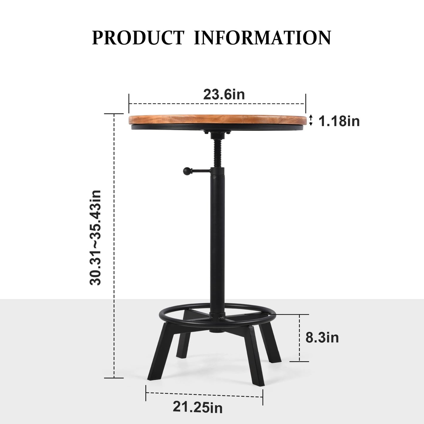 LOKKHAN Adjustable Swivel Bar Table 30"-35.4" Round Wood Tabletop 23.6" Dia, Rustic Industrial Kitchen Dining Living Party Office Coffee Bistro Breakfast Pub Table,Space-Saving