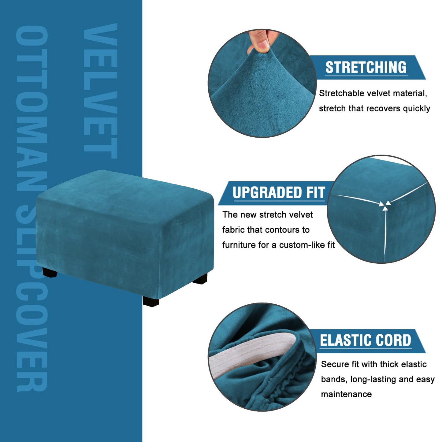 H.VERSAILTEX Real Velvet Plush 1 Piece Form Fit Stretch Rectangle Folding Storage Covers Ottoman Slipcovers Removable Footstool Protect Footrest Covers Elastic Bottom Washable(Large, Peacock Blue)